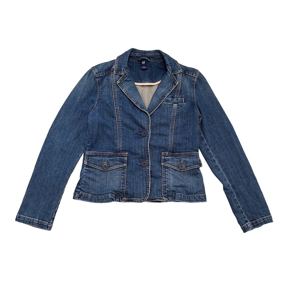 GAP Denim Blazer VTG Women 4 Jacket Fitted Stretch Preppy Dark Academia Y2K